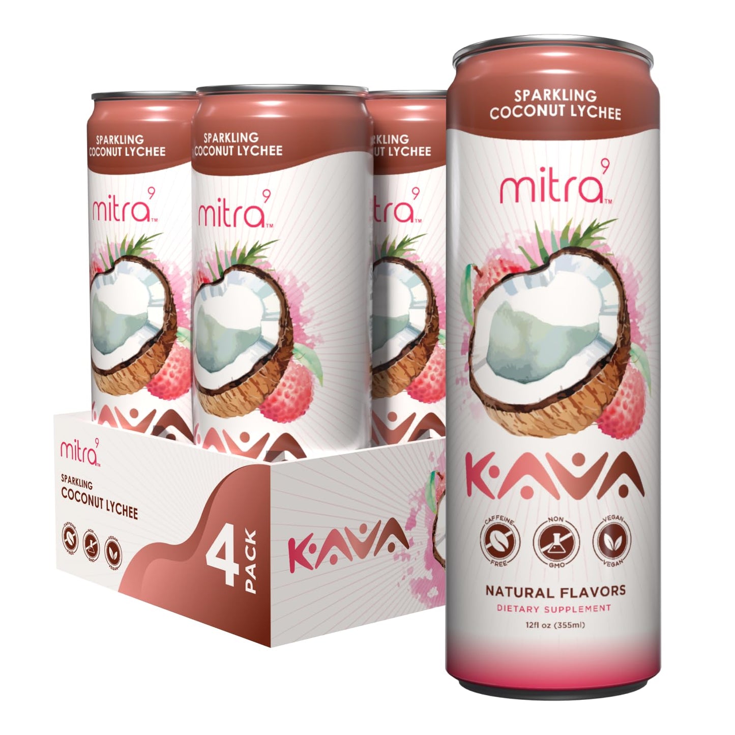 MITRA9 Botanical Beverages Coconut Lychee Sparkling Kava Drink — Mood Enhancer & Natural Calm (12 Fl Oz)