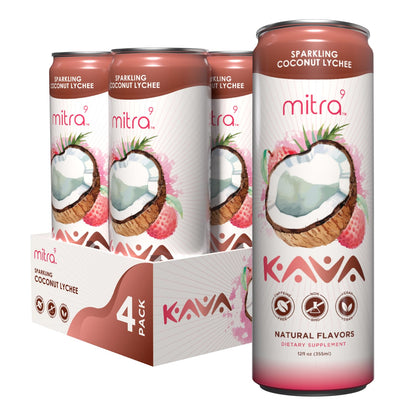 MITRA9 Botanical Beverages Coconut Lychee Sparkling Kava Drink — Mood Enhancer & Natural Calm (12 Fl Oz)