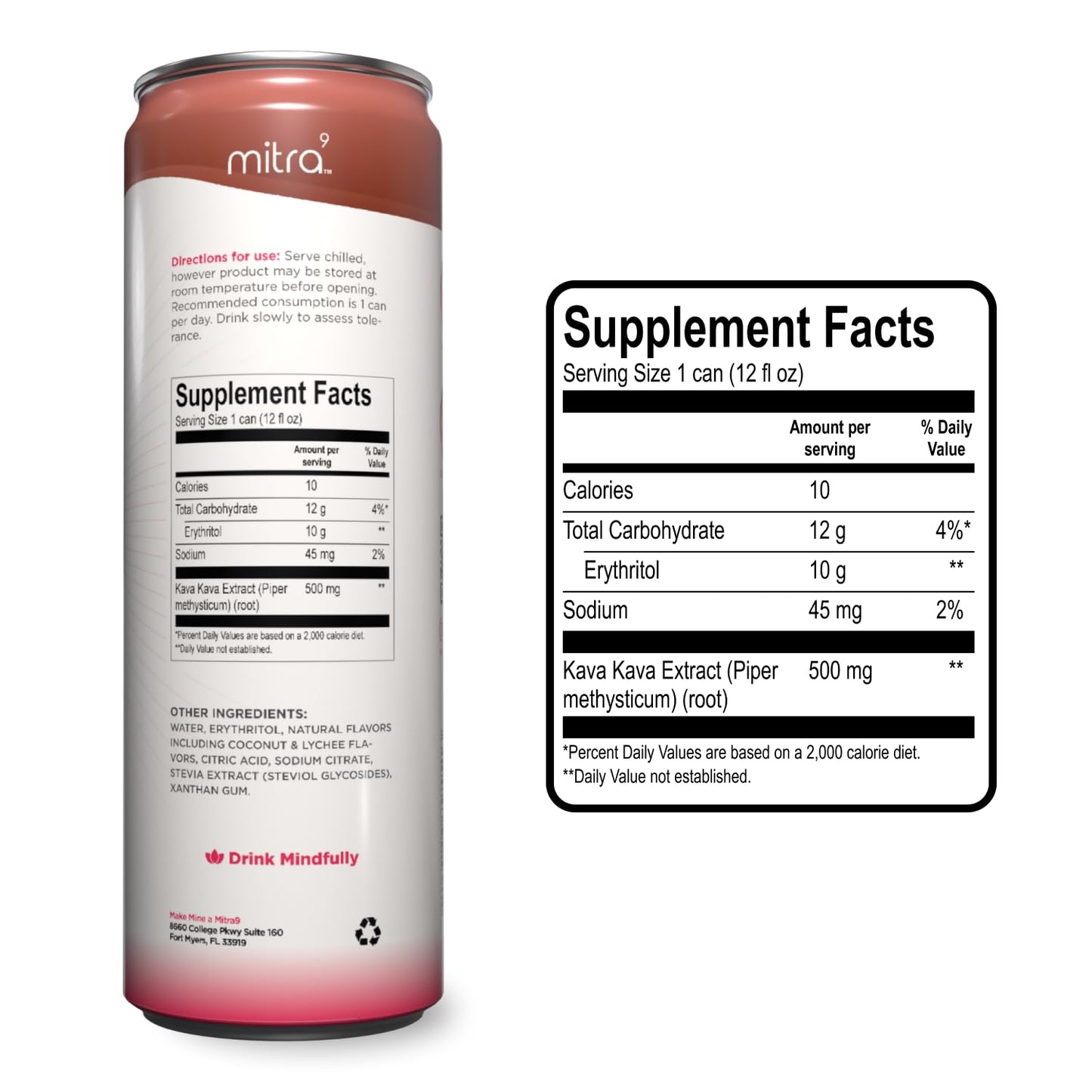 MITRA9 Botanical Beverages Coconut Lychee Sparkling Kava Drink — Mood Enhancer & Natural Calm (12 Fl Oz)