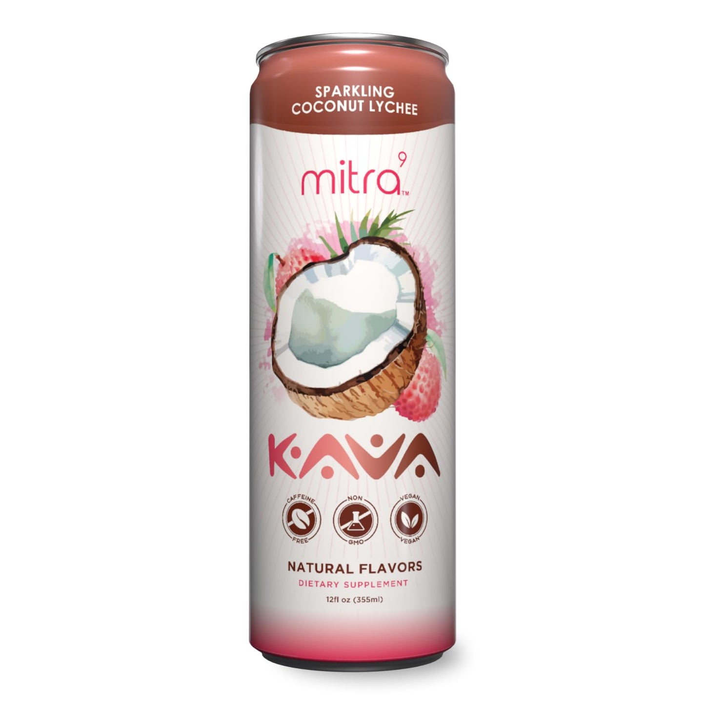 MITRA9 Botanical Beverages Coconut Lychee Sparkling Kava Drink — Mood Enhancer & Natural Calm (12 Fl Oz)