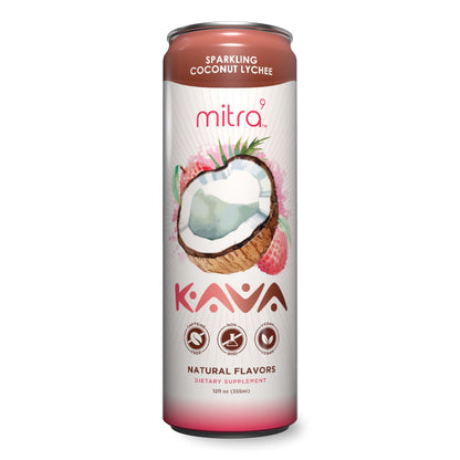 MITRA9 Botanical Beverages Coconut Lychee Sparkling Kava Drink — Mood Enhancer & Natural Calm (12 Fl Oz)