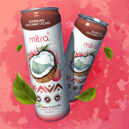 MITRA9 Botanical Beverages Coconut Lychee Sparkling Kava Drink — Mood Enhancer & Natural Calm (12 Fl Oz)