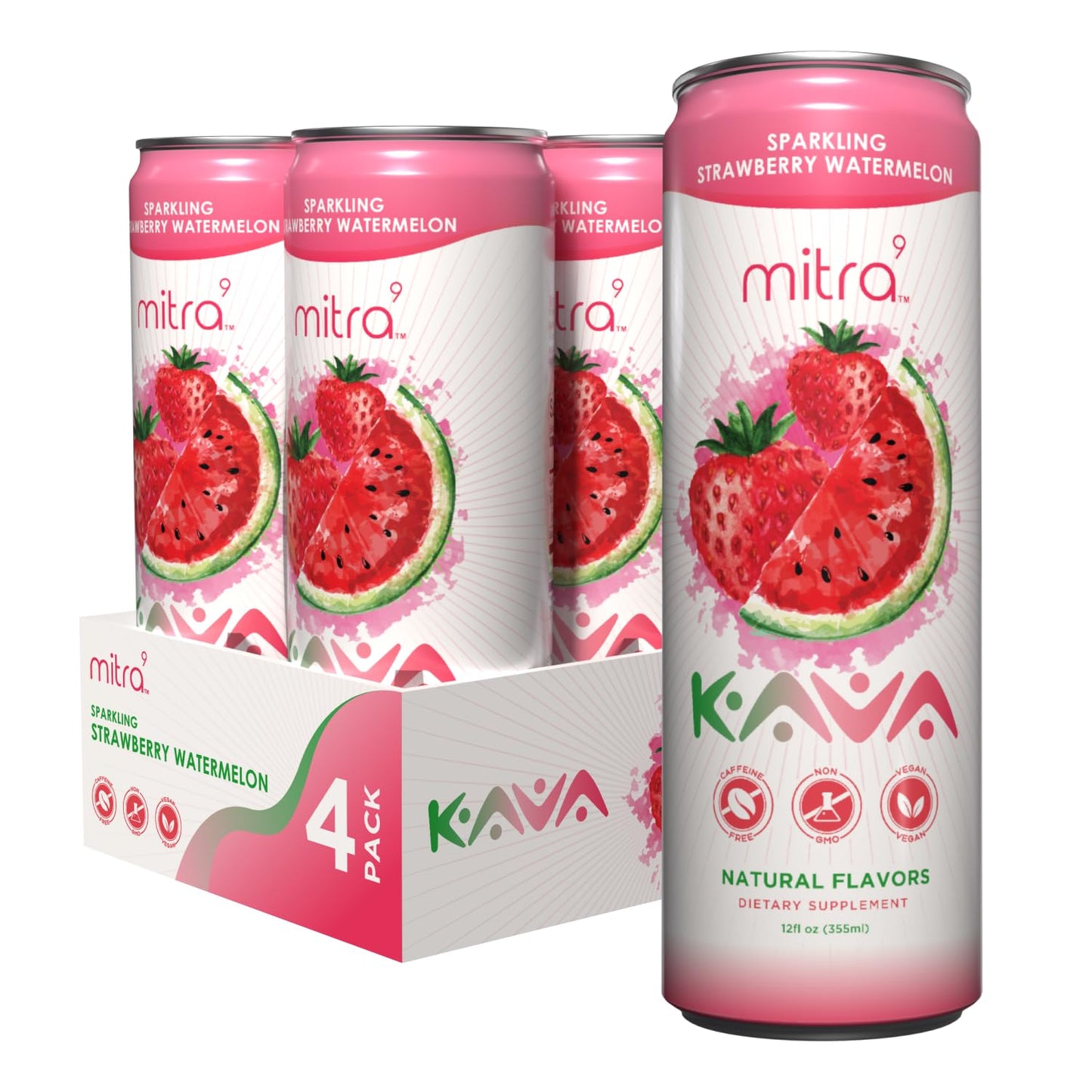 MITRA9 Botanical Beverages - Strawberry Watermelon Sparkling Kava Drink | Mood Enhancer & Natural Calm (12 fl oz)