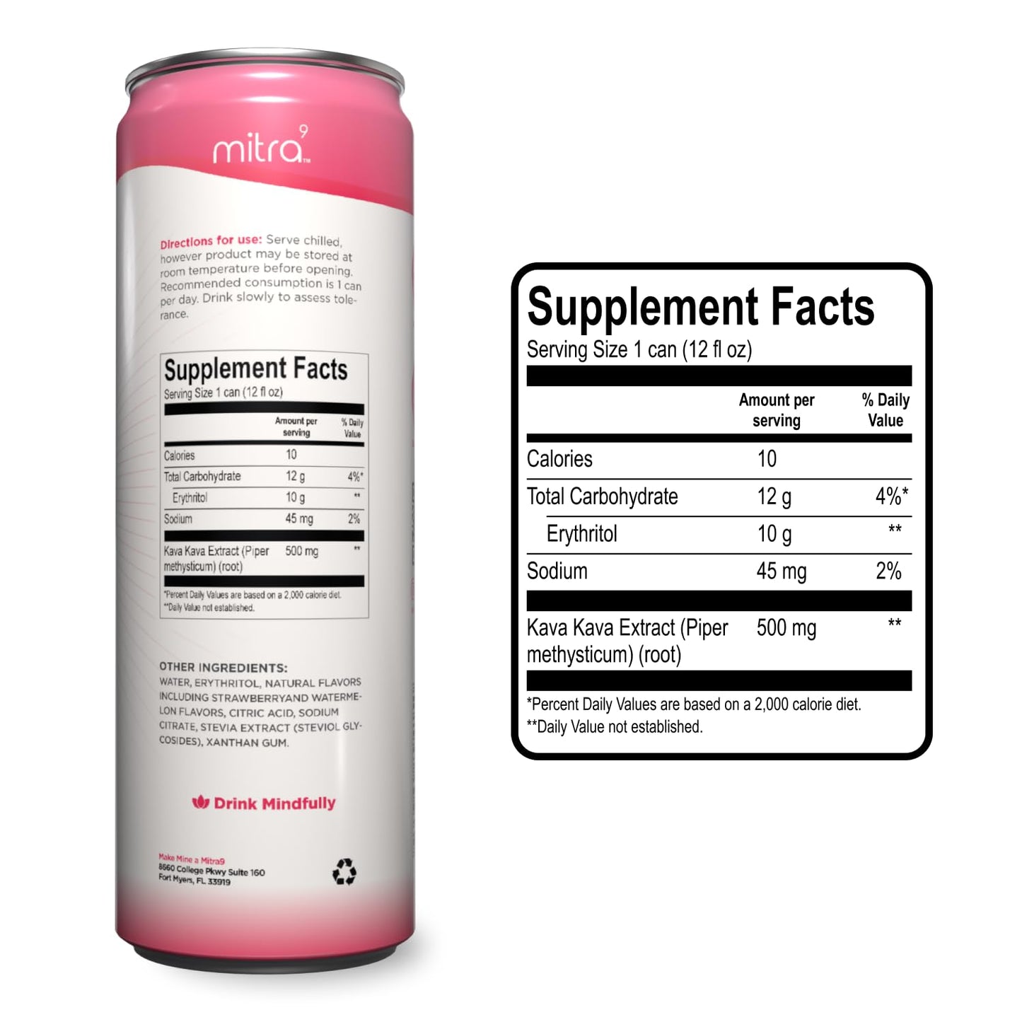 MITRA9 Botanical Beverages - Strawberry Watermelon Sparkling Kava Drink | Mood Enhancer & Natural Calm (12 fl oz)