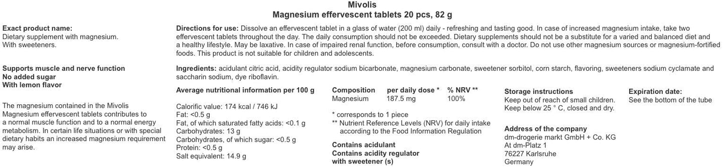 Mivolis Magnesium Effervescent Tablets - Dietary Supplements 4 Packs x 20 pcs | Germany