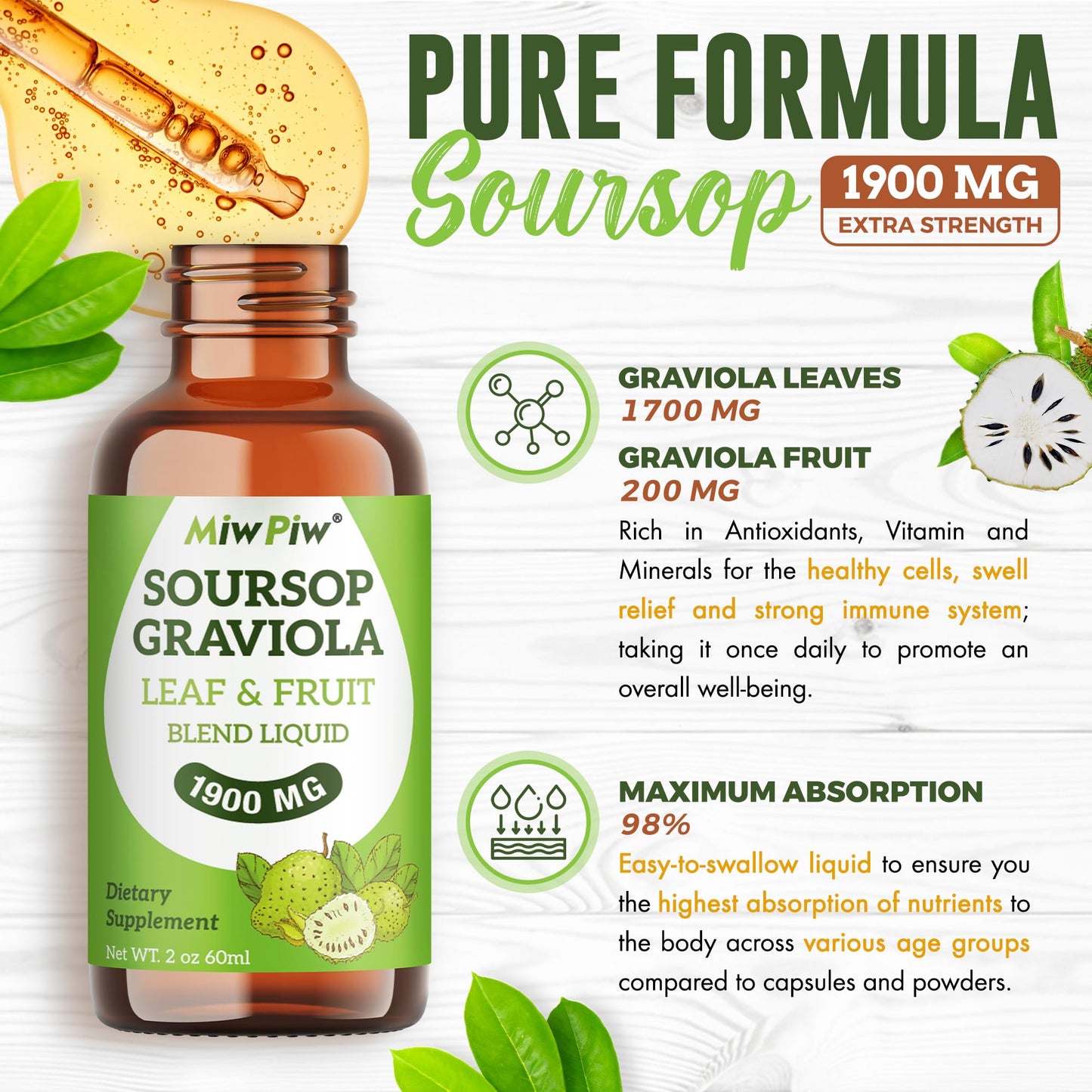 MiW Piw Soursop Graviola Liquid Drops 1900MG – Sleep Support & Immune Boost