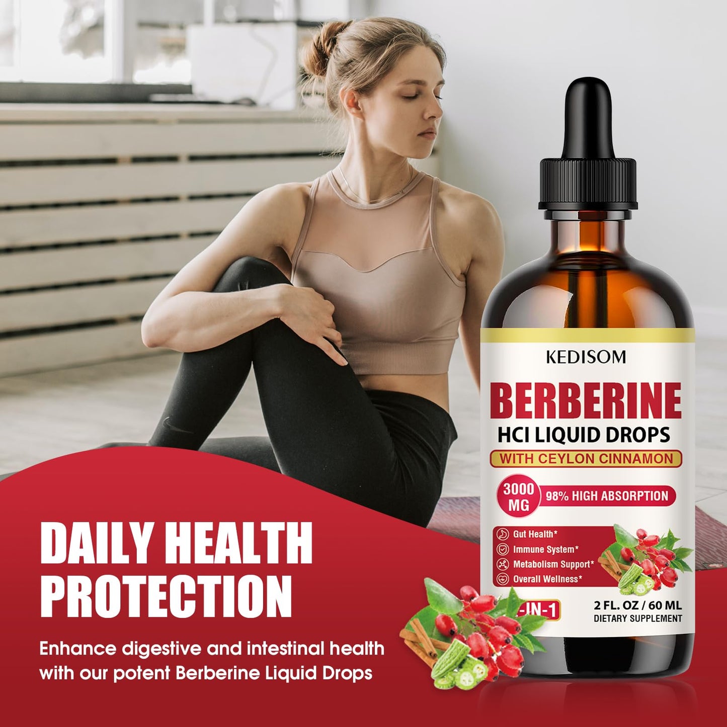 12-in-1 Berberine Liquid Drops – 2 Fl Oz, 3000mg Liposomal Berberine HCL with Cinnamon & Turmeric