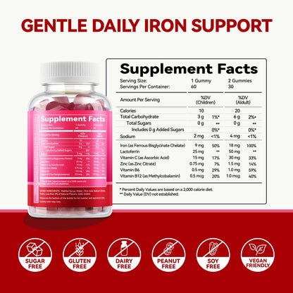 Iron Gummies with Lactoferrin, Vitamin C, B6, B12 & Zinc – Sugar-Free, Vegan (60 Count)