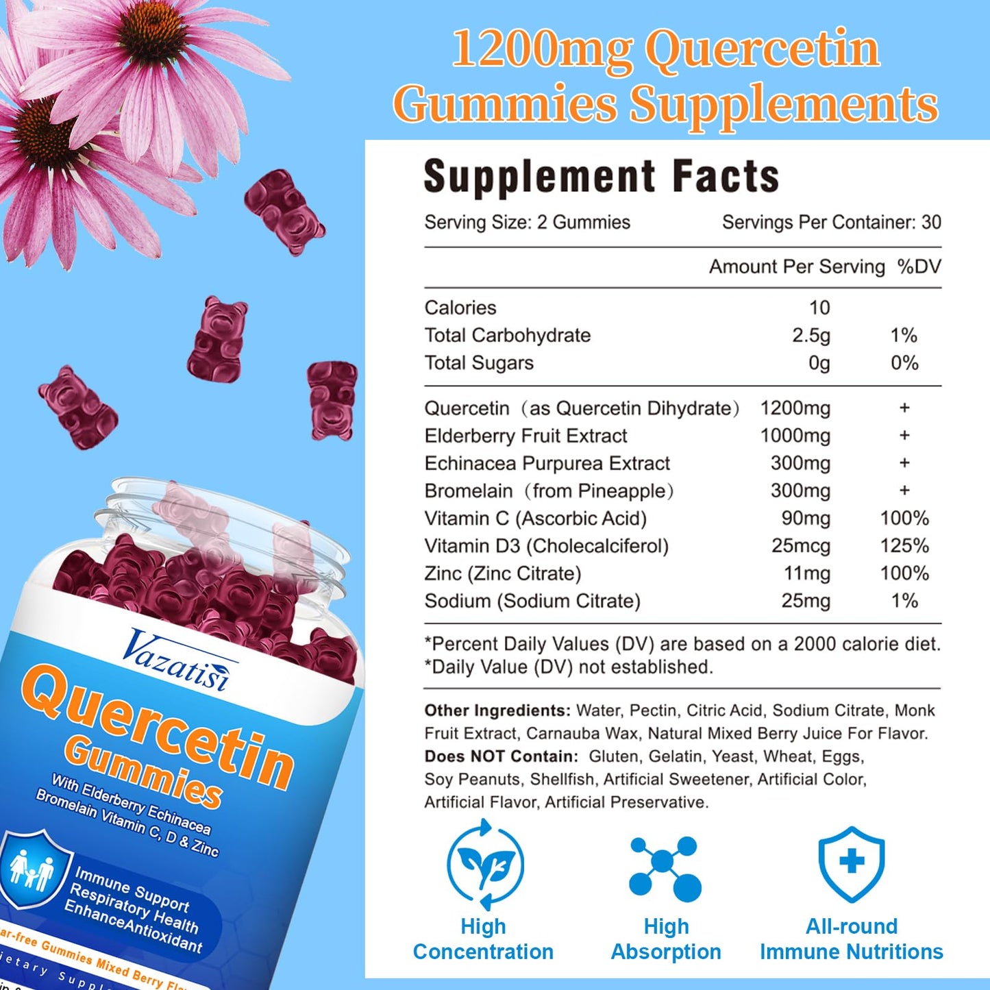 2 Pack Quercetin Gummies with Bromelain – Immune Support, Vegan, Mixed Berry