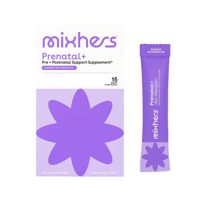 MIXHERS Prenatal+ Prenatal & Postnatal Support Drink Mix – Summer Watermelon Flavor – 15 Stick Packets