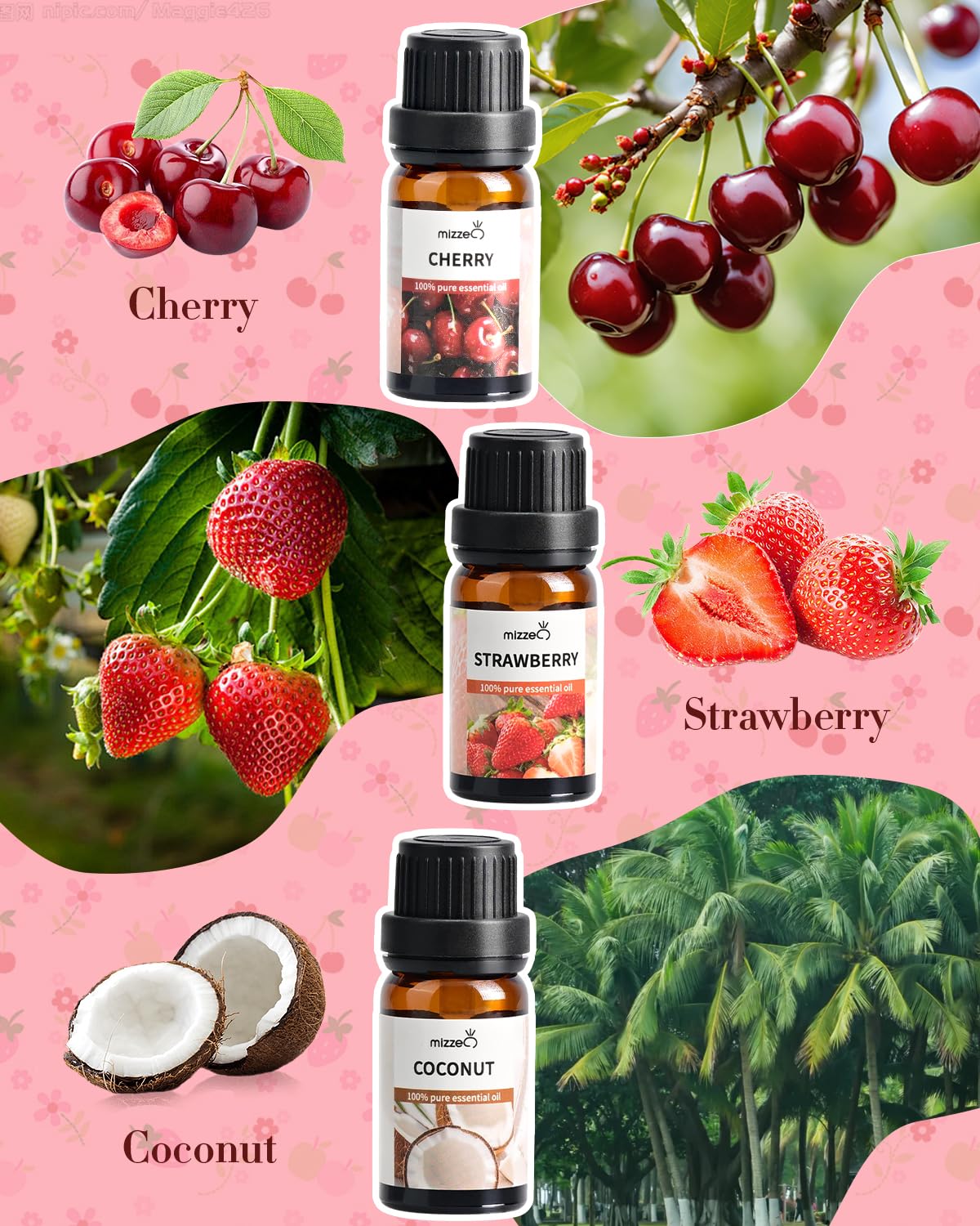 MIZZEO Fruity Essential Oil Set – Cherry, Strawberry & Coconut | Natural 3x10ml Diffuser Oils Gift Set