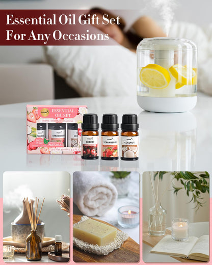 MIZZEO Fruity Essential Oil Set – Cherry, Strawberry & Coconut | Natural 3x10ml Diffuser Oils Gift Set