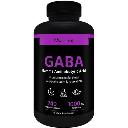 ML Naturals GABA 1,000 mg per Serving – 240 Veg Capsules | NSF-Certified & cGMP-Compliant