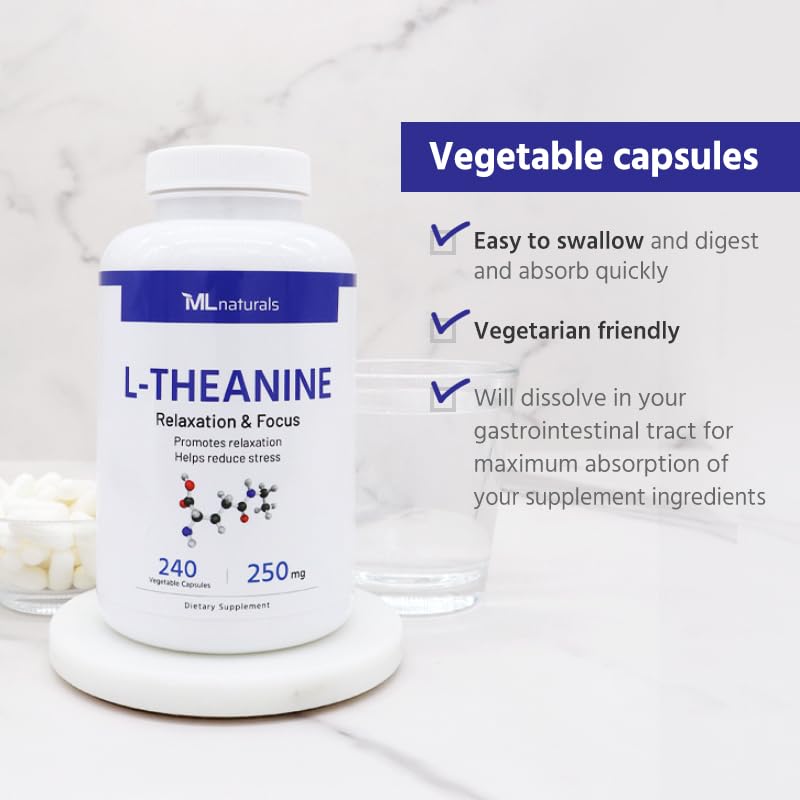 ML Naturals L-Theanine 250 mg – 240 Veg Capsules (8 Months) | High Dosage, Promotes Relaxation, NSF-Certified & cGMP-Compliant