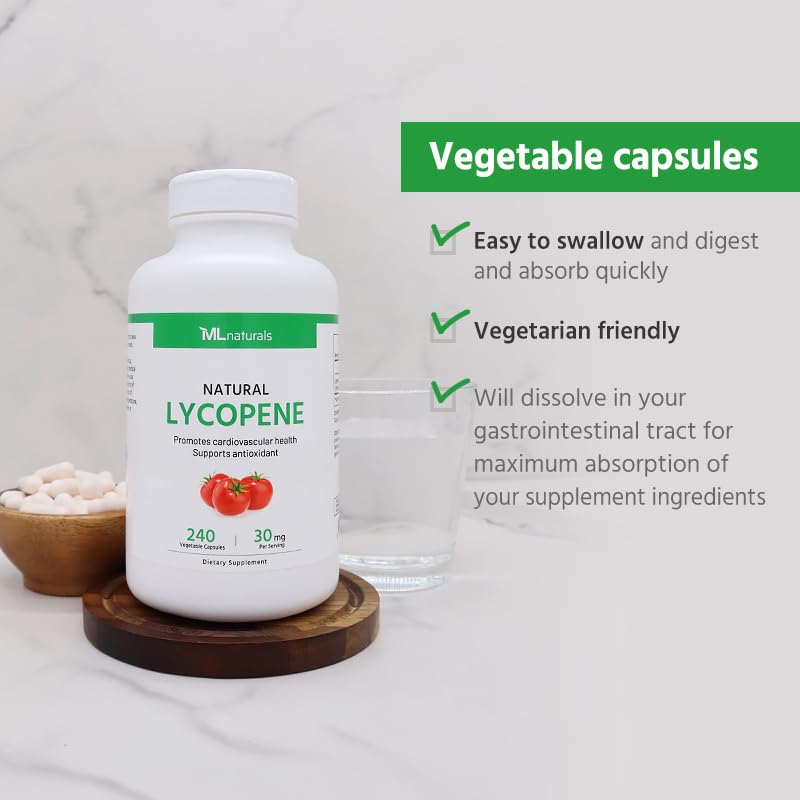 ML Naturals Natural Lycopene 30 mg - 240 Vegetable Capsules | Antioxidant, Immune Support, Cardiovascular & Prostate Health