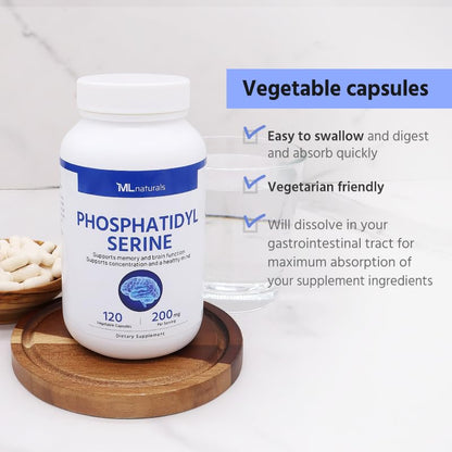 ML Naturals Phosphatidyl Serine 200 mg – 120 Veg Capsules | Supports Memory & Brain Function | Non-GMO, NSF-Certified, cGMP