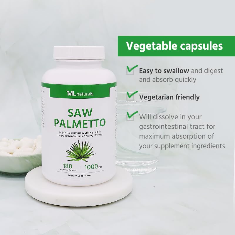 ML Naturals Saw Palmetto 1000 mg 180 Veg Caps – Prostate, Urinary Health & Hair Growth (Pack of 2)
