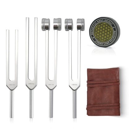 mllusxg Tuning Forks for Healing Set – 128Hz, 136Hz, 256Hz, 384Hz + Activator (Red Pouch)