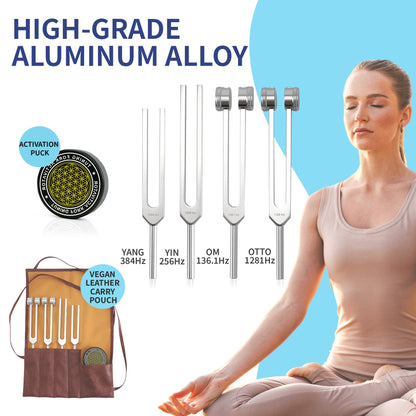 mllusxg Tuning Forks for Healing Set – 128Hz, 136Hz, 256Hz, 384Hz + Activator (Red Pouch)