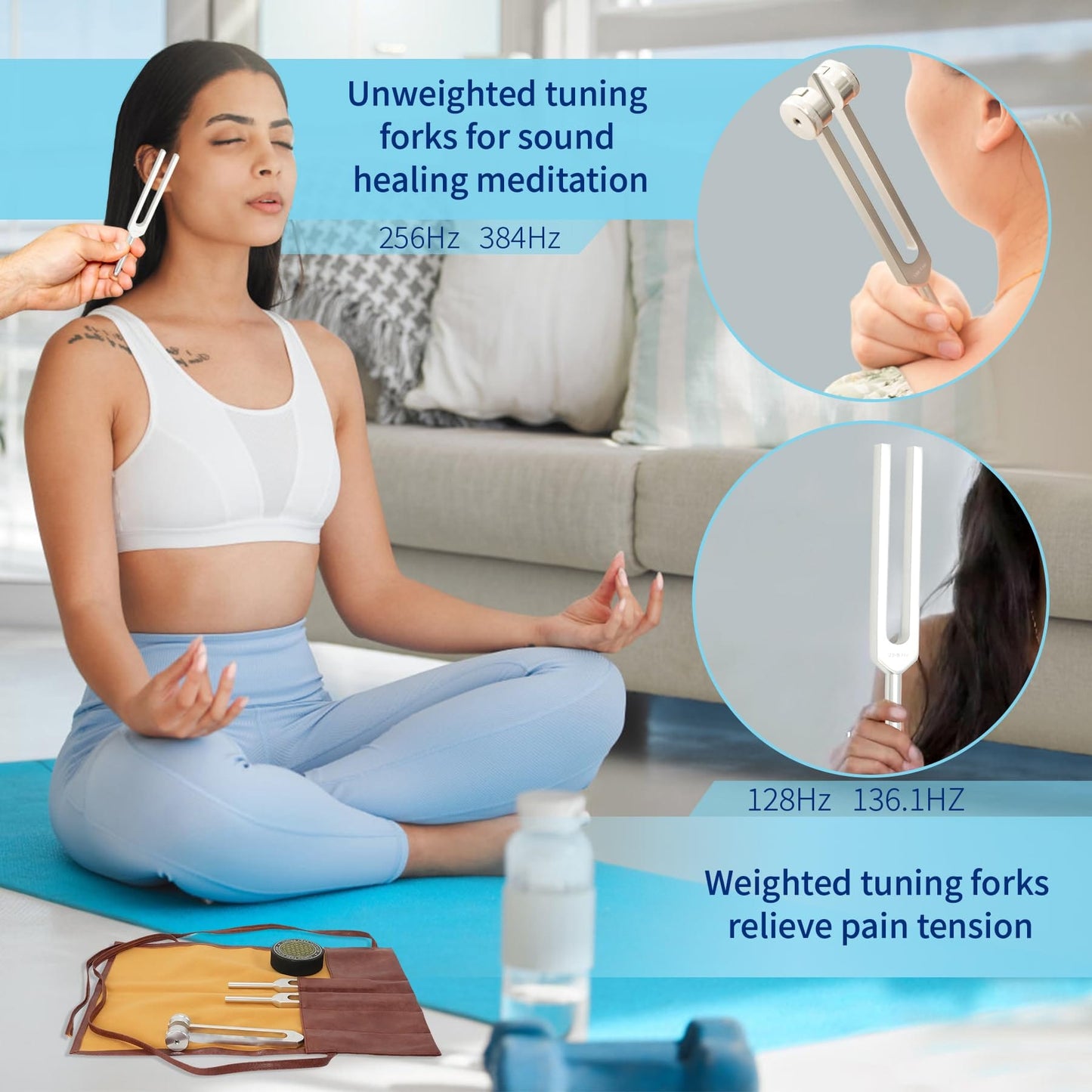 mllusxg Tuning Forks for Healing Set – 128Hz, 136Hz, 256Hz, 384Hz + Activator (Red Pouch)