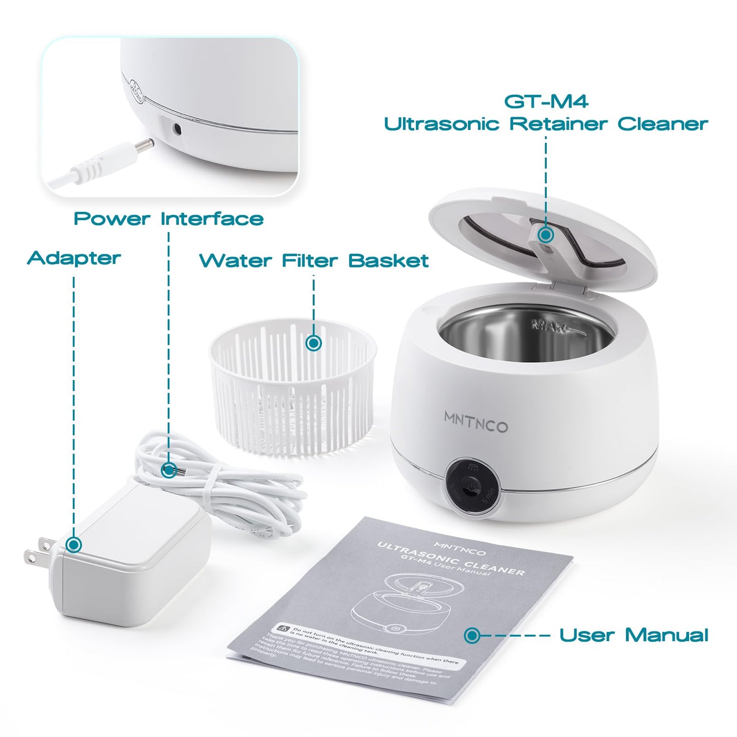 MNTNCO Ultrasonic Retainer Cleaner - White Cleaning Machine for Dentures