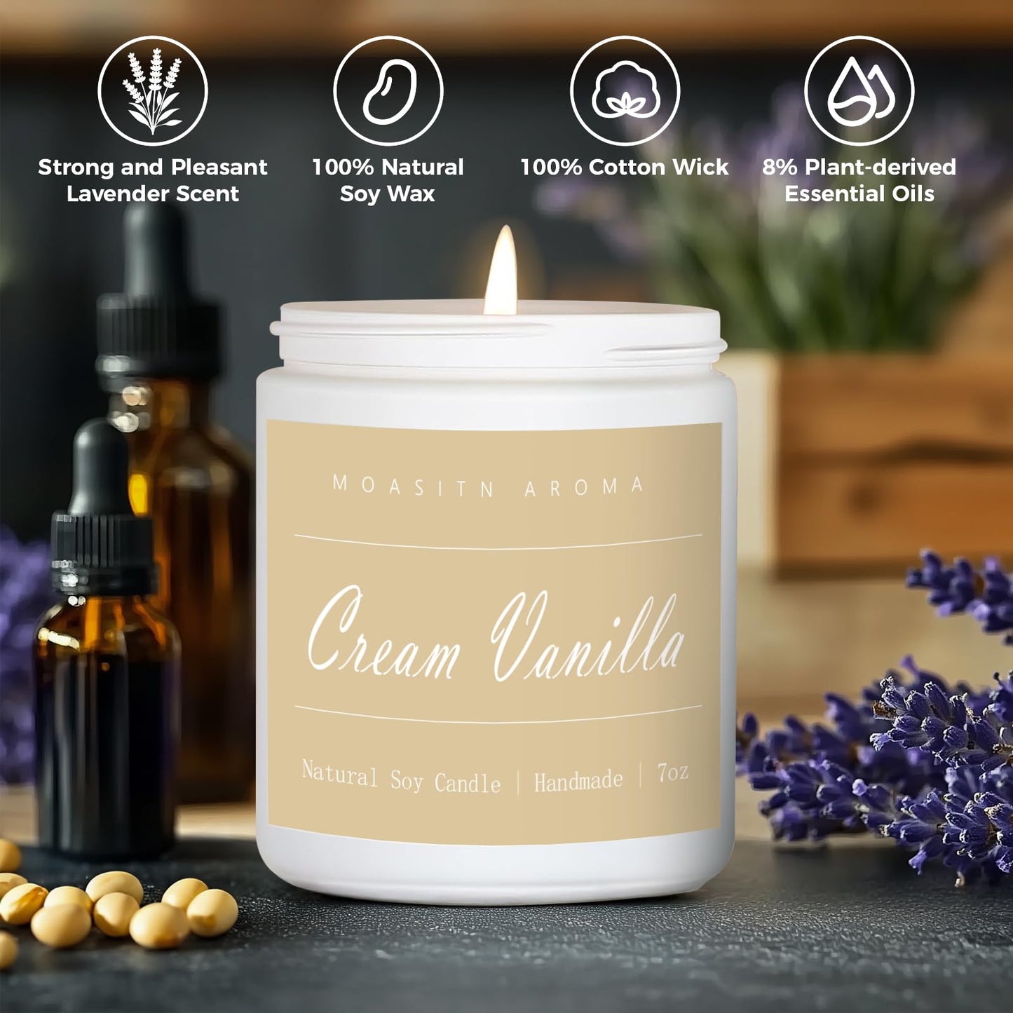 MOASITN Cream Vanilla Scented Candle - Natural Soy Aromatherapy Candle, Handmade 7oz Jar Gift for Women & Men
