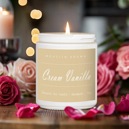 MOASITN Cream Vanilla Scented Candle - Natural Soy Aromatherapy Candle, Handmade 7oz Jar Gift for Women & Men