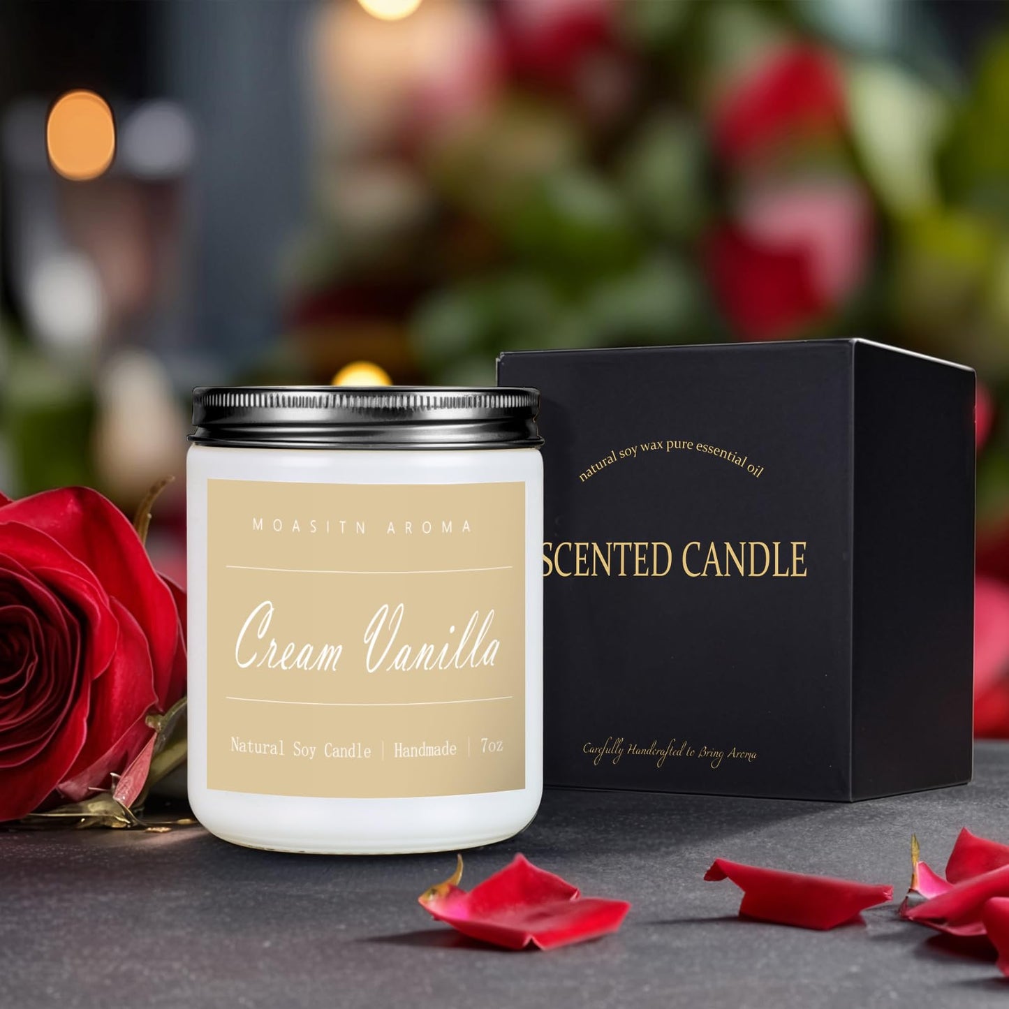 MOASITN Cream Vanilla Scented Candle - Natural Soy Aromatherapy Candle, Handmade 7oz Jar Gift for Women & Men