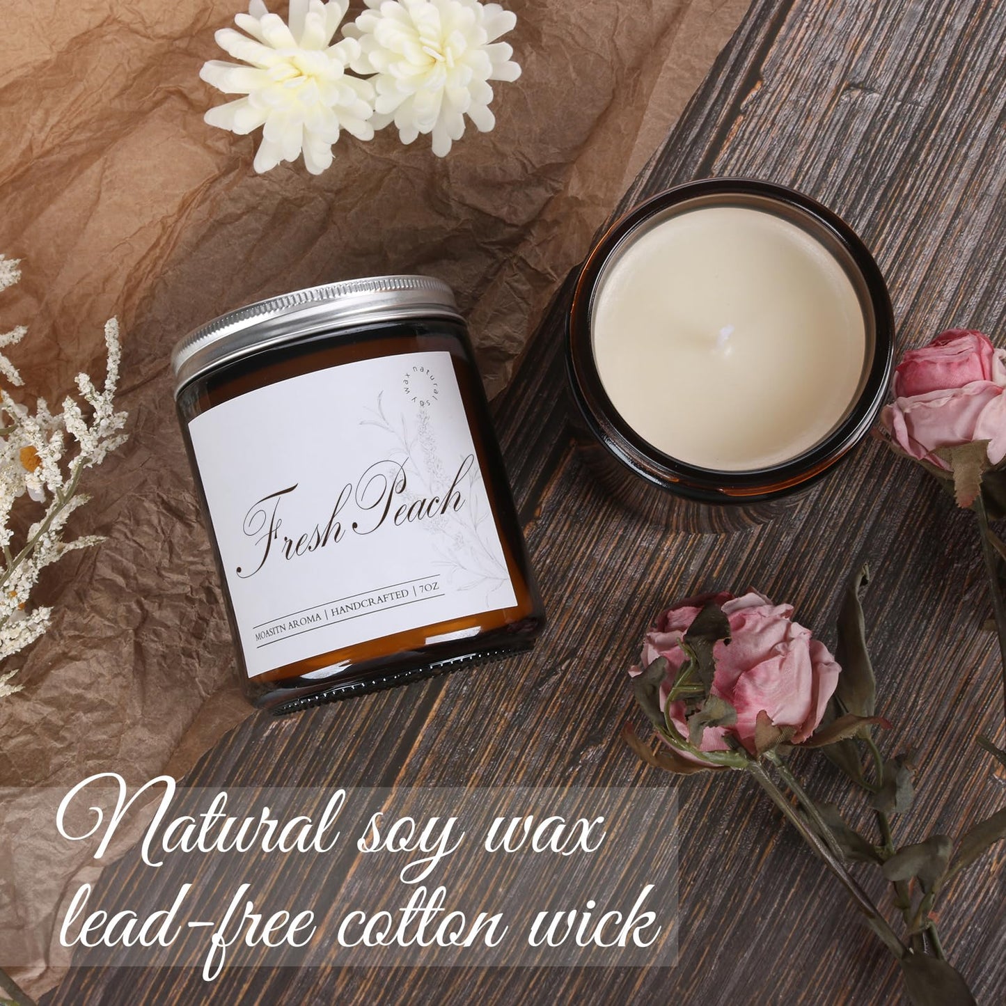MOASITN Peach Scented Soy Candle - 7oz, Long-Lasting, Orange & Floral Notes