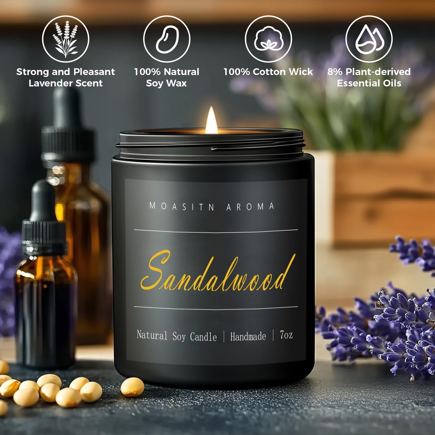 MOASITN Sandalwood Scented Soy Candle 7oz | Leather & Amber | Handmade Aromatherapy Gift