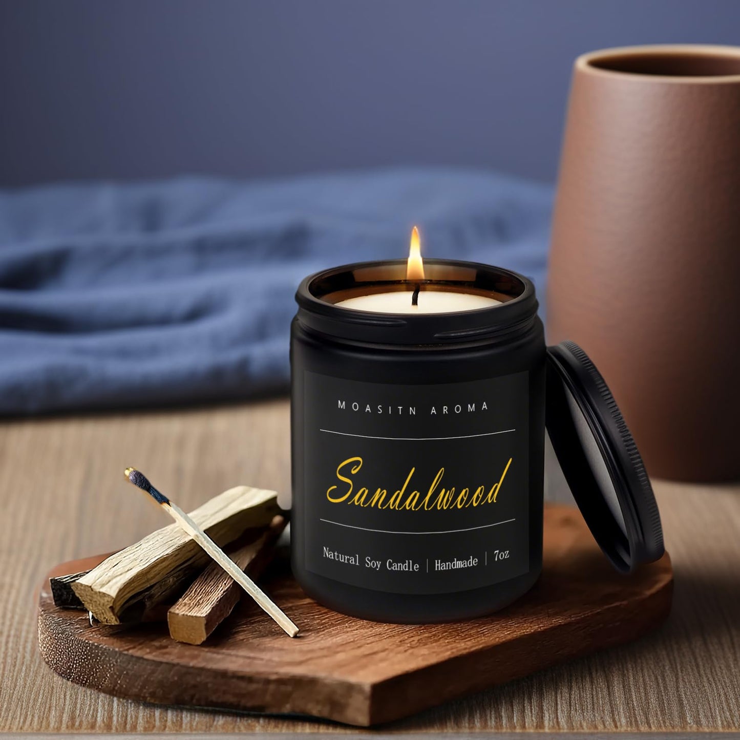 MOASITN Sandalwood Scented Soy Candle 7oz | Leather & Amber | Handmade Aromatherapy Gift