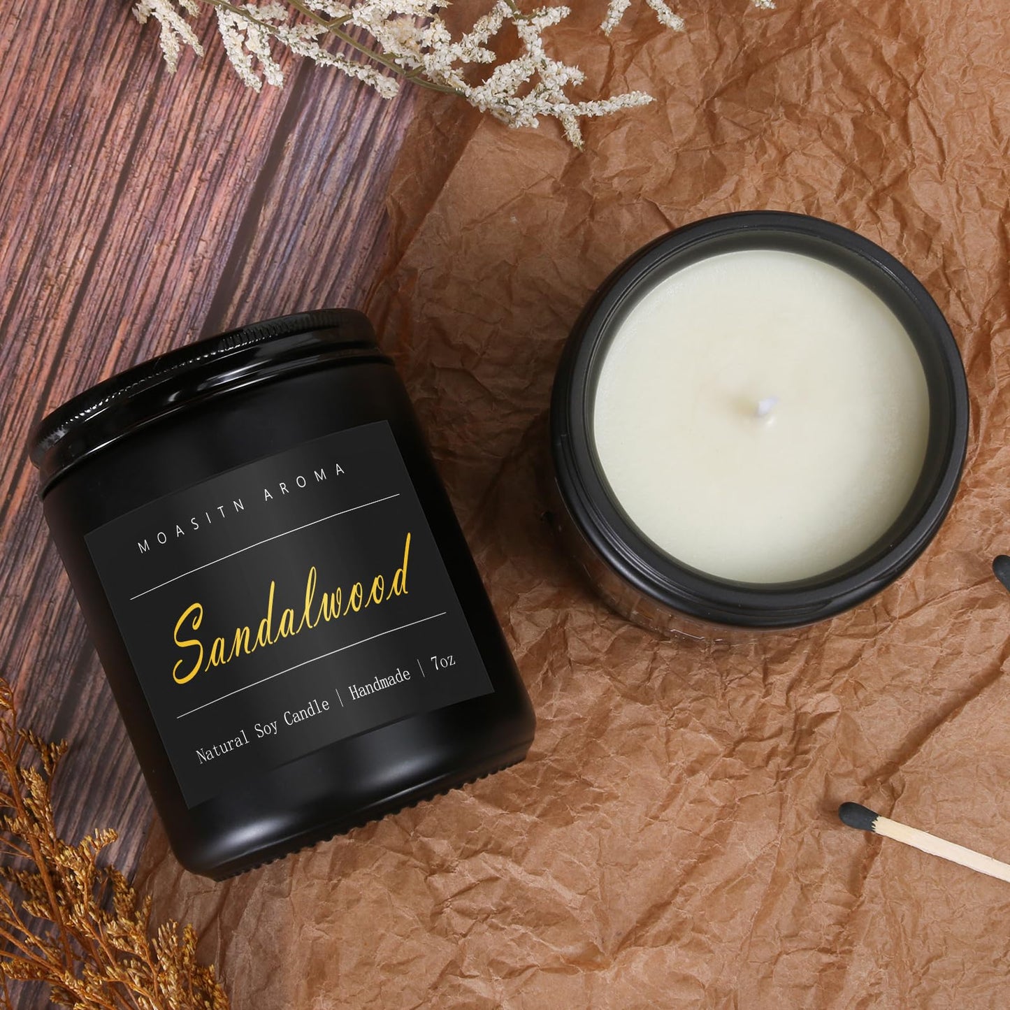 MOASITN Sandalwood Scented Soy Candle 7oz | Leather & Amber | Handmade Aromatherapy Gift