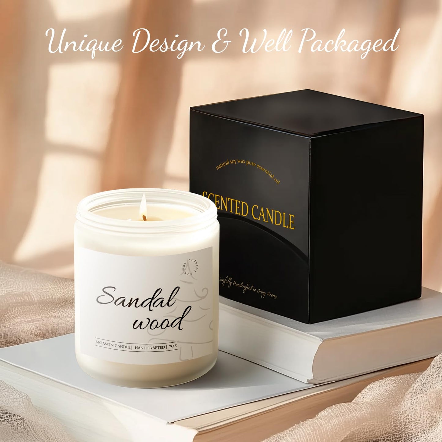 MOASITN Sandalwood Scented Candle – Cedar, Musk Soy Jar Candle 7oz | Handmade Aromatherapy Gift
