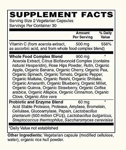 Modern Organics Vitamin C 500mg | Whole Food Acerola Vitamin C + 23 Organic Fruits | 60 Vegan Capsules