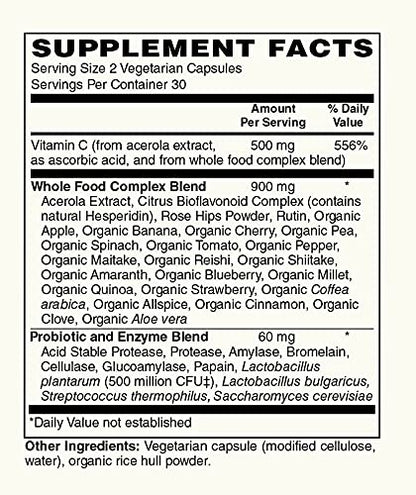 Modern Organics Vitamin C 500mg | Whole Food Acerola Vitamin C + 23 Organic Fruits | 60 Vegan Capsules