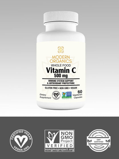 Modern Organics Vitamin C 500mg | Whole Food Acerola Vitamin C + 23 Organic Fruits | 60 Vegan Capsules
