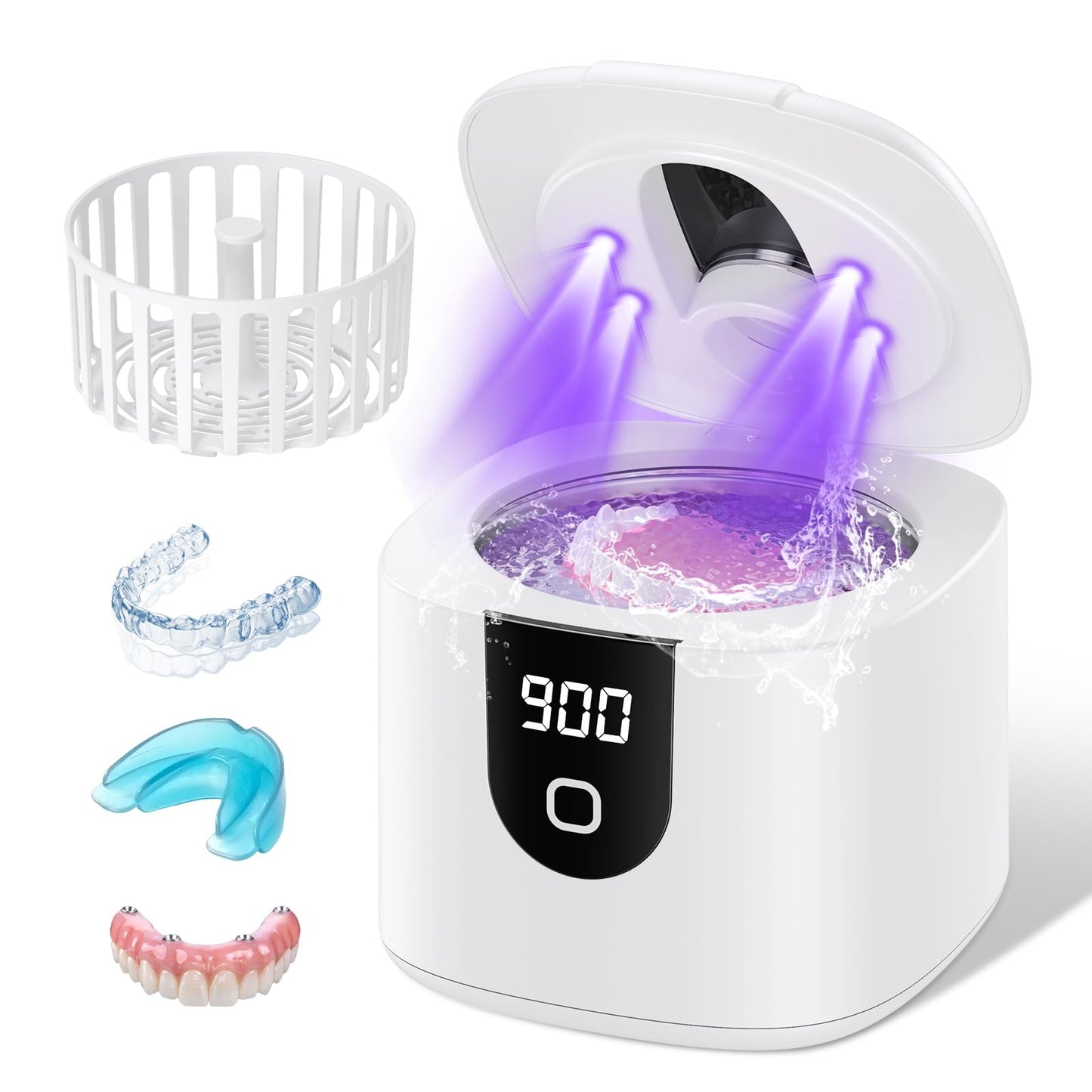 Moeila 45kHz Ultrasonic Retainer Cleaner Machine | Fast Cleaning for Aligners, Mouth Guards, Braces & Jewelry | 200ML Pod, 4 Modes & Digital Timer (White)