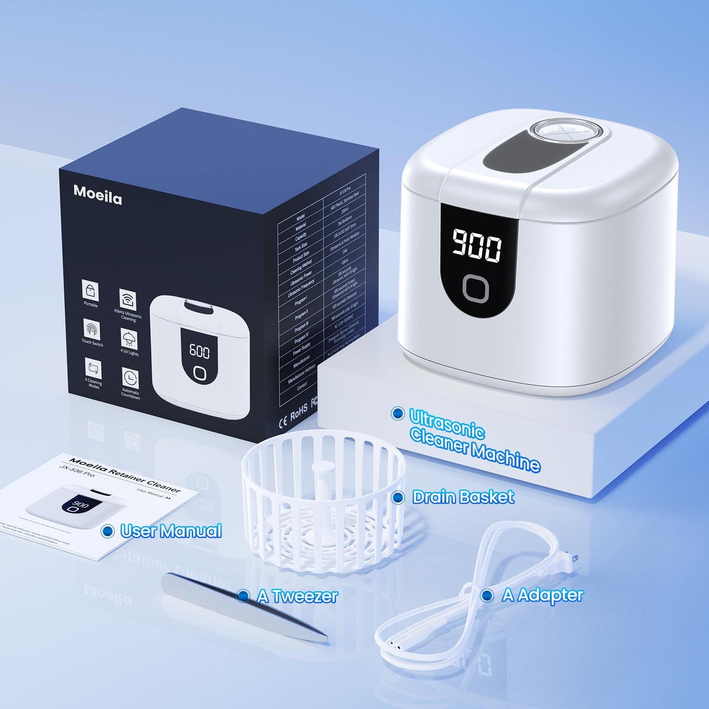Moeila 45kHz Ultrasonic Retainer Cleaner Machine | Fast Cleaning for Aligners, Mouth Guards, Braces & Jewelry | 200ML Pod, 4 Modes & Digital Timer (White)
