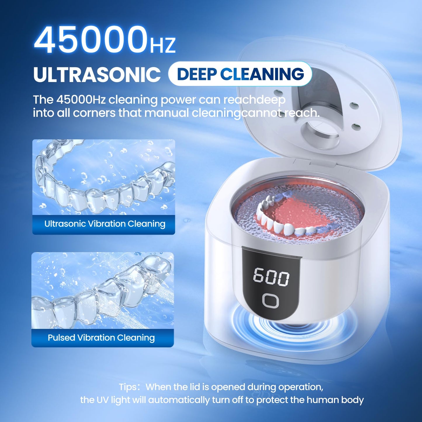 Moeila 45kHz Ultrasonic Retainer Cleaner Machine | Fast Cleaning for Aligners, Mouth Guards, Braces & Jewelry | 200ML Pod, 4 Modes & Digital Timer (White)