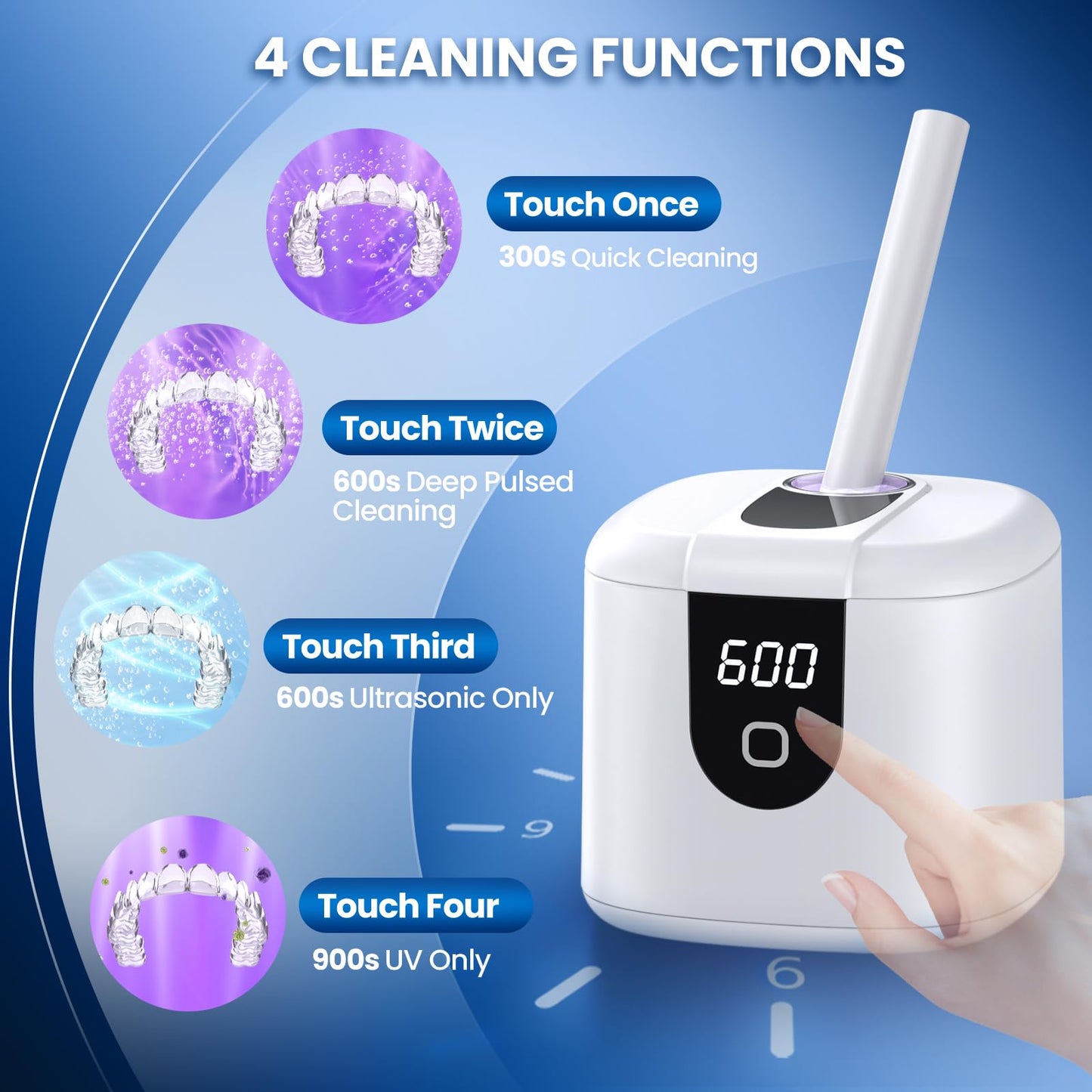 Moeila 45kHz Ultrasonic Retainer Cleaner Machine | Fast Cleaning for Aligners, Mouth Guards, Braces & Jewelry | 200ML Pod, 4 Modes & Digital Timer (White)