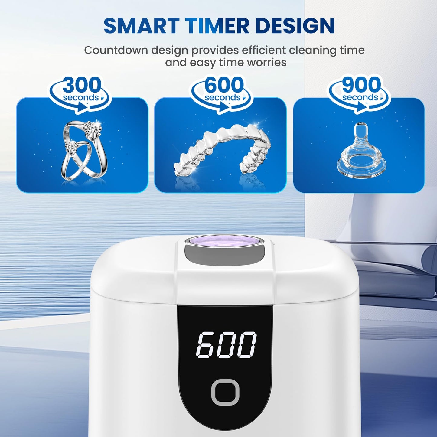 Moeila 45kHz Ultrasonic Retainer Cleaner Machine | Fast Cleaning for Aligners, Mouth Guards, Braces & Jewelry | 200ML Pod, 4 Modes & Digital Timer (White)