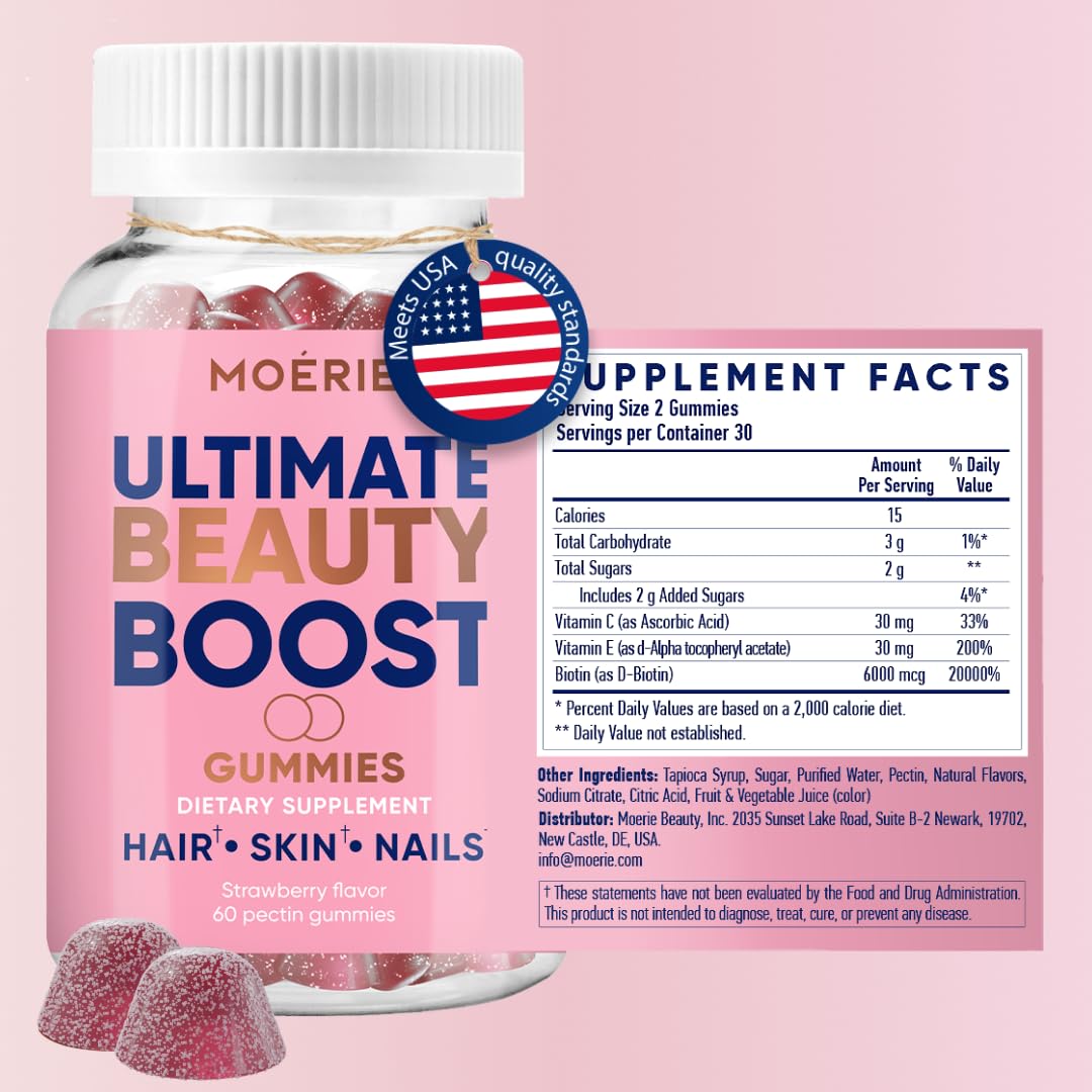 Moerie Hair Skin Nails Gummies for Women & Men | Biotin Hair Growth Supplement - 60 Gummies