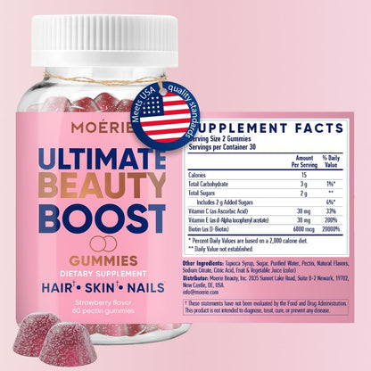 Moerie Hair Skin Nails Gummies for Women & Men | Biotin Hair Growth Supplement - 60 Gummies