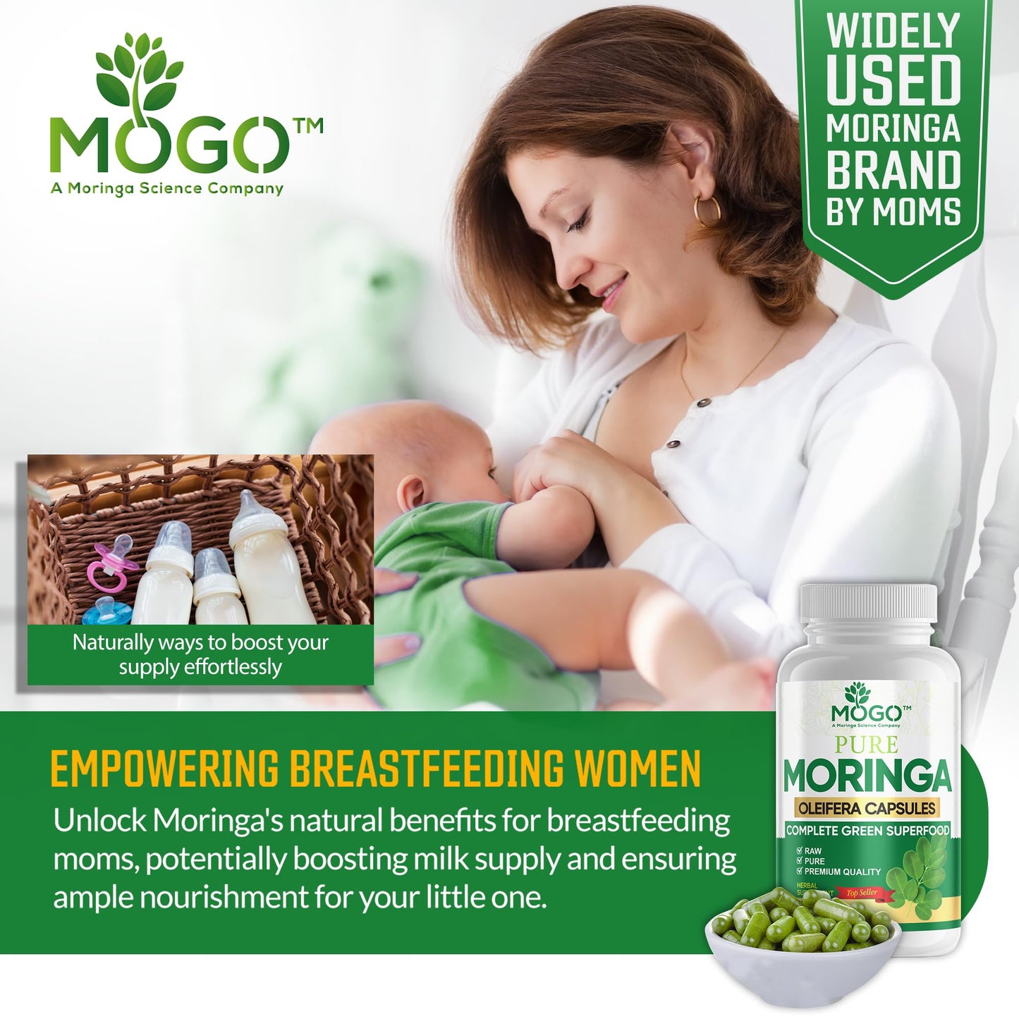 MOGO Moringa Capsules 180 Ct - Organic Moringa Powder | Energy, Immunity, Gut & Joints | Made in USA