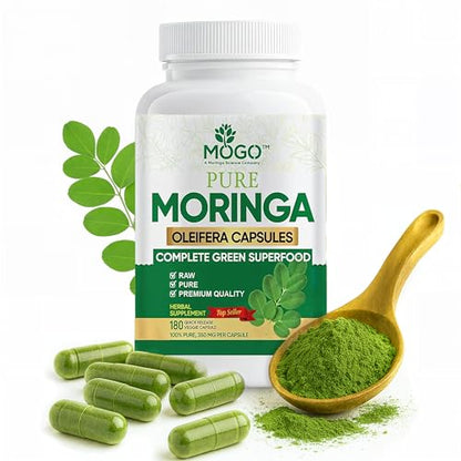 MOGO Moringa Capsules 180 Ct - Organic Moringa Powder | Energy, Immunity, Gut & Joints | Made in USA