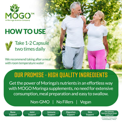 MOGO Moringa Capsules 180 Ct - Organic Moringa Powder | Energy, Immunity, Gut & Joints | Made in USA