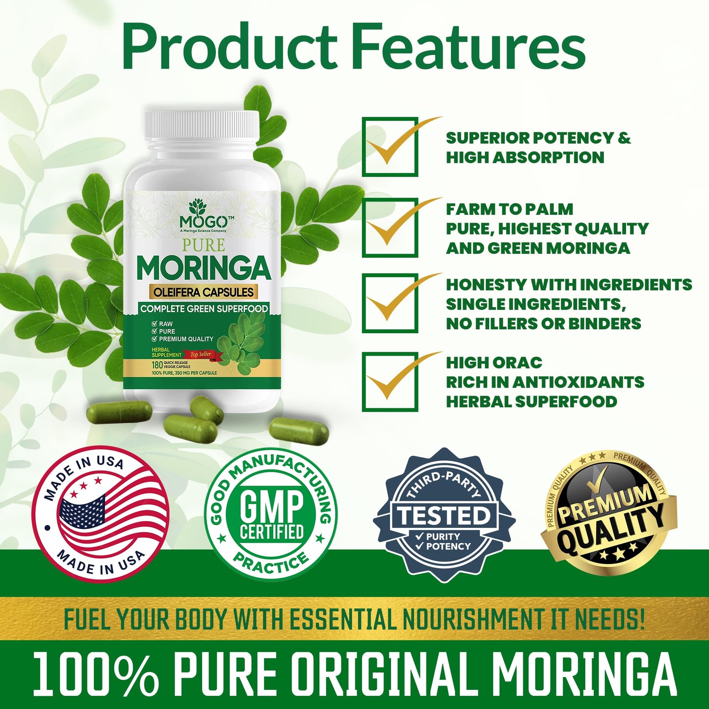 MOGO Moringa Capsules 180 Ct - Organic Moringa Powder | Energy, Immunity, Gut & Joints | Made in USA