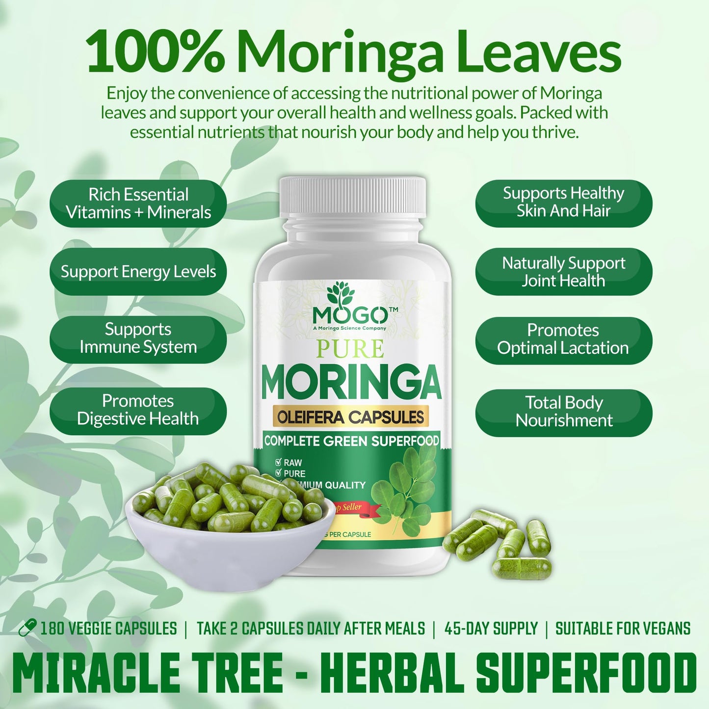 MOGO Moringa Capsules 180 Ct - Organic Moringa Powder | Energy, Immunity, Gut & Joints | Made in USA