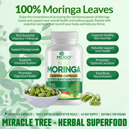 MOGO Moringa Capsules 180 Ct - Organic Moringa Powder | Energy, Immunity, Gut & Joints | Made in USA