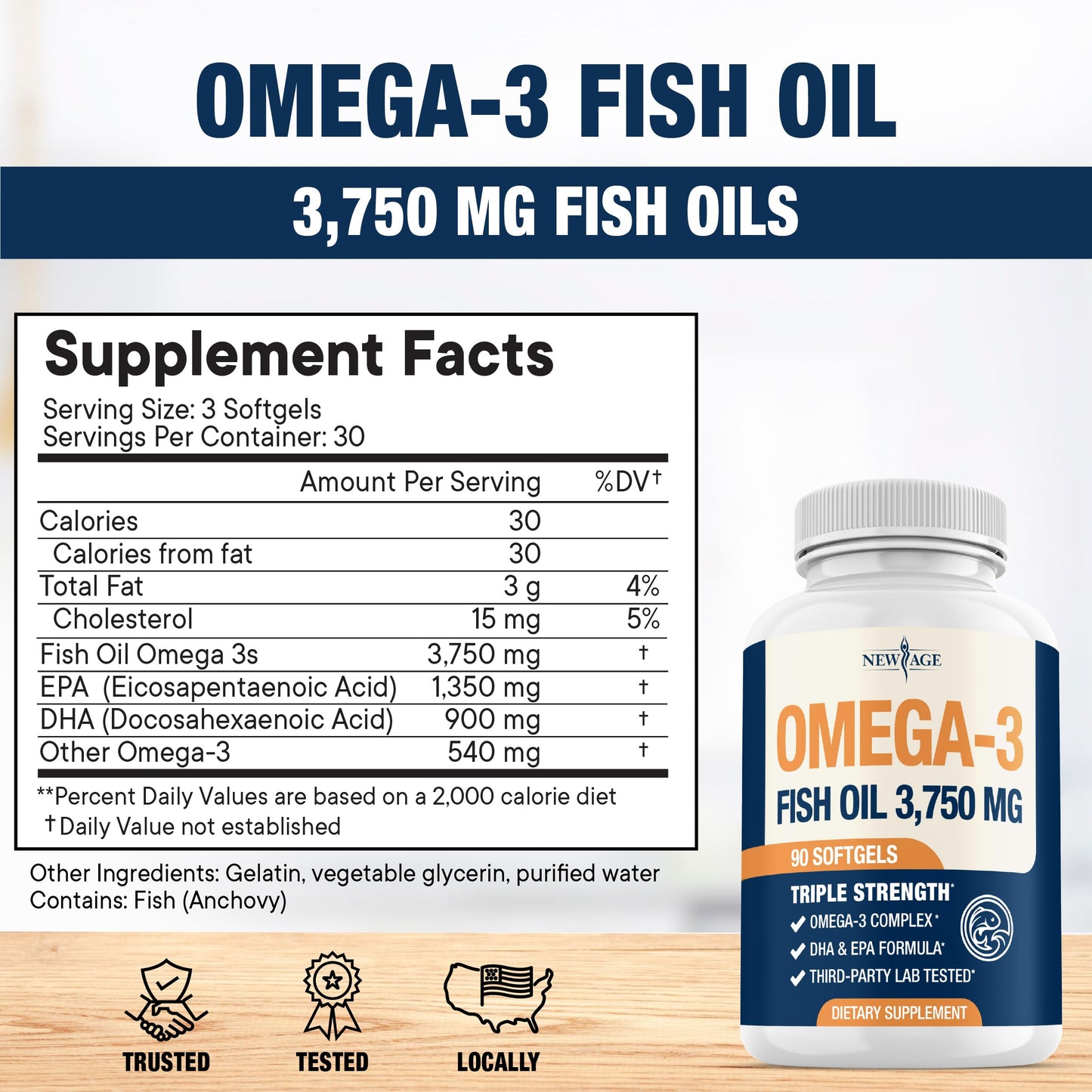 Triple Strength Omega-3 Fish Oil 3750 mg - 1350 mg EPA / 900 mg DHA - 180 Burpless Softgels